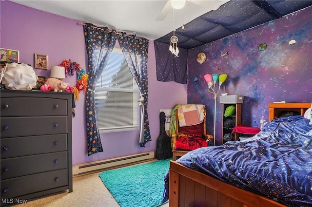 bedroom featuring a baseboard radiator, light carpet, and ceiling fan