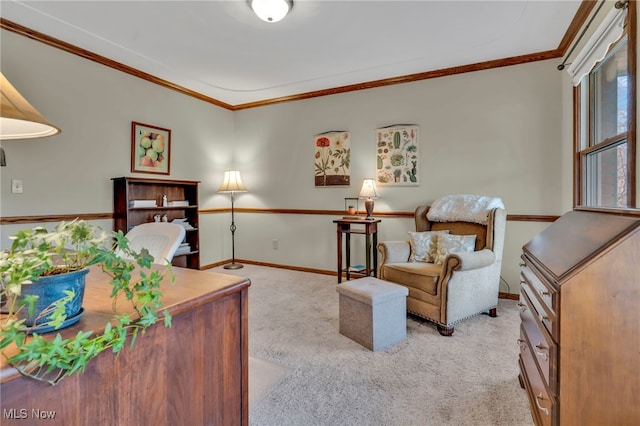 office space featuring baseboards, ornamental molding, and light colored carpet