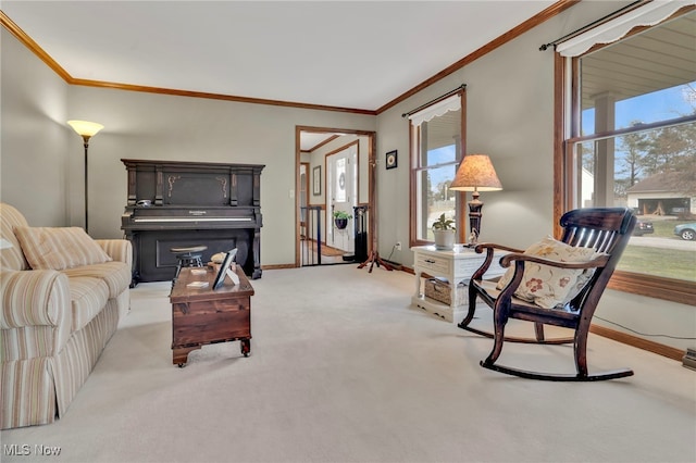 living area with crown molding, baseboards, and a wealth of natural light