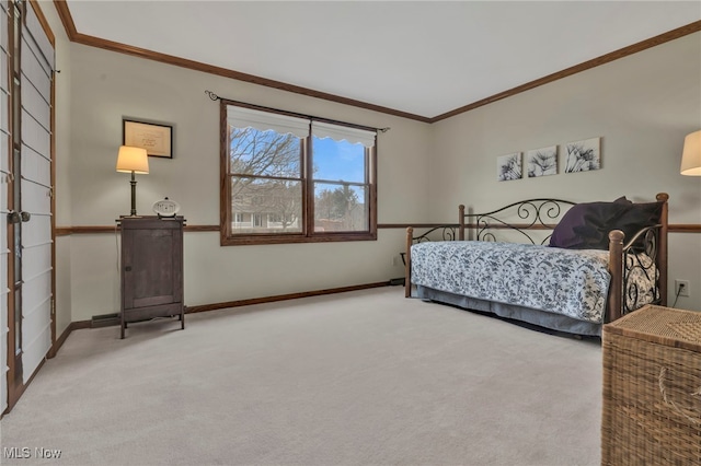 bedroom with light carpet, baseboards, and crown molding