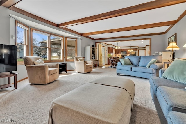 carpeted living area with an inviting chandelier, baseboards, and beam ceiling