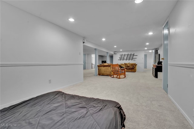 bedroom featuring carpet, baseboards, and recessed lighting