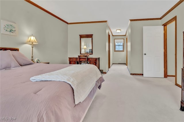 bedroom with light carpet, baseboards, and crown molding