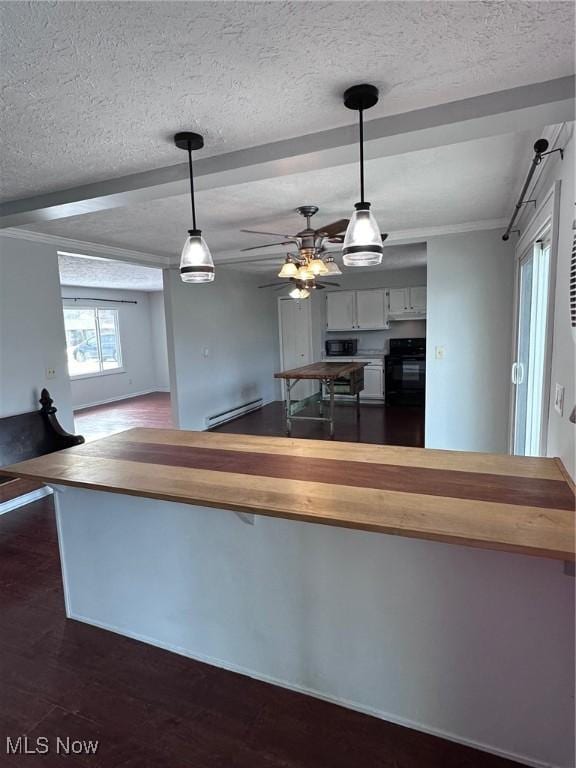 kitchen with range, butcher block countertops, dark wood-style flooring, decorative light fixtures, and a baseboard heating unit