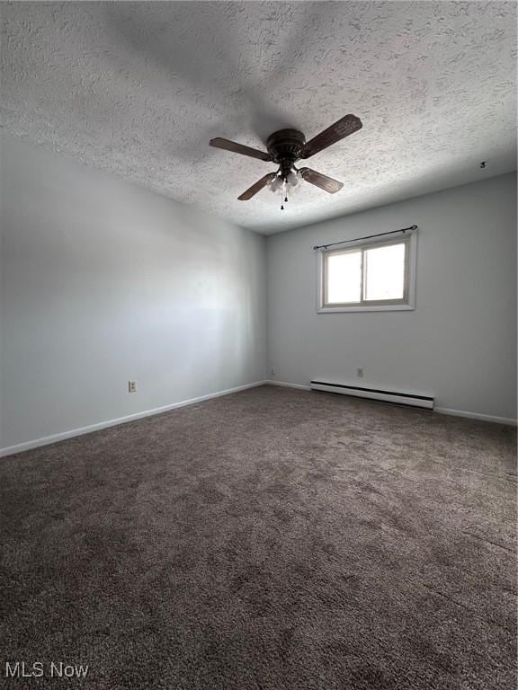 empty room featuring a textured ceiling, a ceiling fan, baseboards, baseboard heating, and carpet