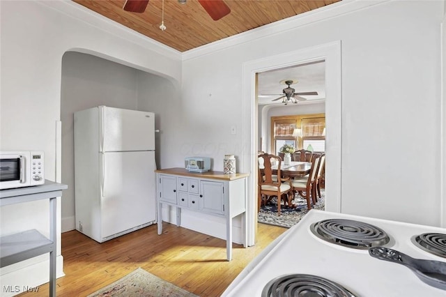 1304 Foster Ave, Cambridge, OH 43725 - kitchen featuring wooden ceiling, white appliances, a ceiling fan, light wood-type flooring, and crown molding