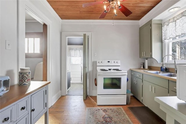1304 Foster Ave, Cambridge, OH 43725 - kitchen featuring ornamental molding, electric range, wooden ceiling, and a sink