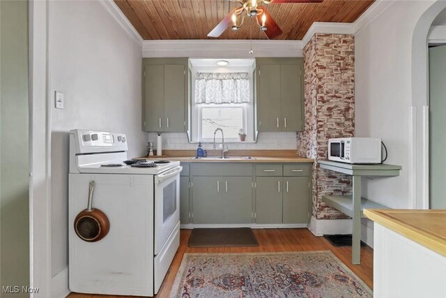 1304 Foster Ave, Cambridge, OH 43725 - kitchen with white appliances, a sink, wood ceiling, and crown molding