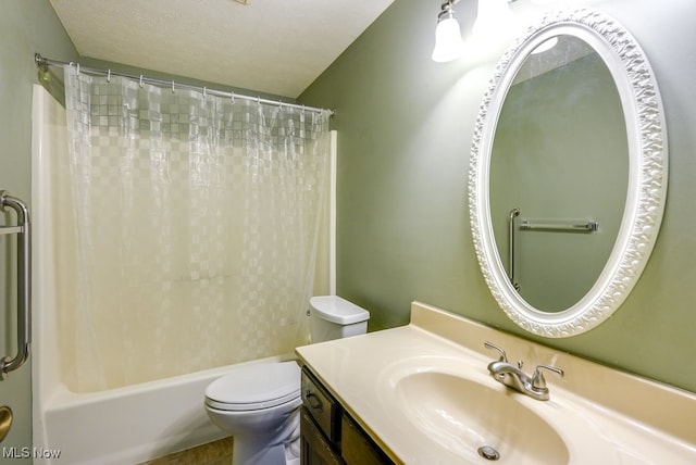 bathroom featuring toilet, shower / bath combination with curtain, a textured ceiling, and vanity