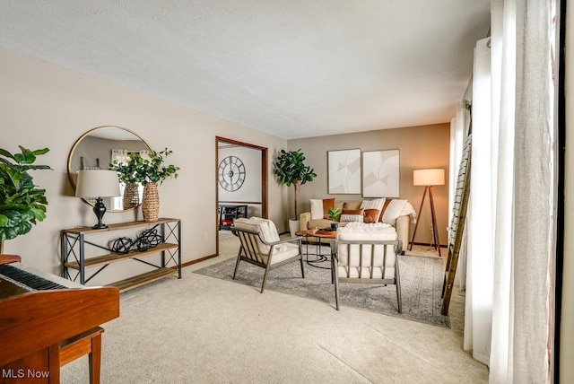 living area with carpet and baseboards