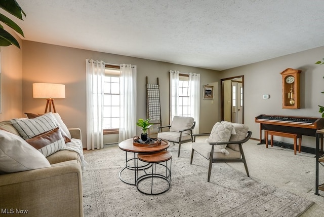 living room with light carpet, a textured ceiling, and baseboards