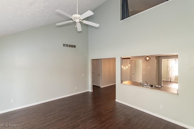 unfurnished living room with visible vents, dark wood-style flooring, ceiling fan, high vaulted ceiling, and a sink