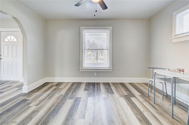 dining room featuring arched walkways, plenty of natural light, wood finished floors, and baseboards