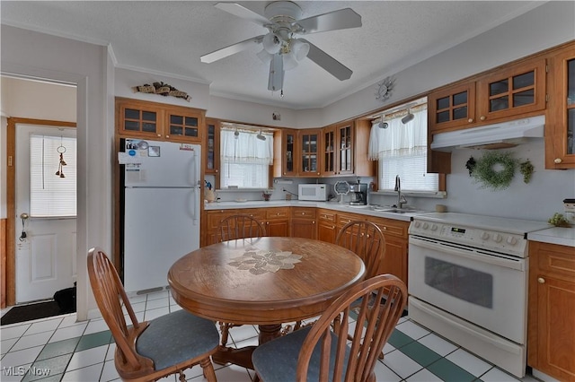 kitchen with white appliances, glass insert cabinets, brown cabinets, light countertops, and under cabinet range hood