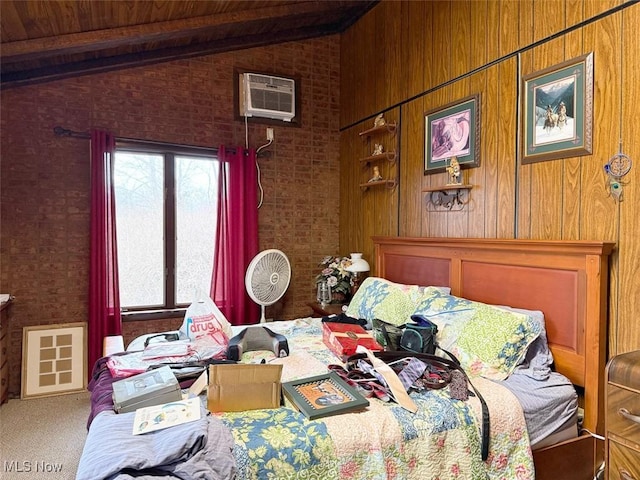 bedroom with wooden ceiling, a wall unit AC, vaulted ceiling with beams, and carpet flooring