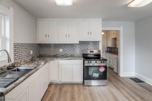 kitchen with white cabinets, a sink, backsplash, and stainless steel electric stove