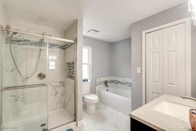 full bathroom with a garden tub, visible vents, vanity, marble finish floor, and a stall shower