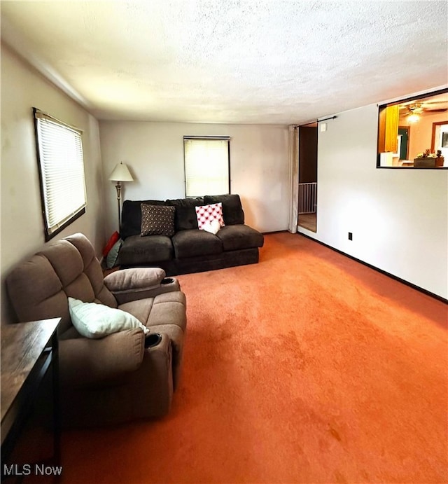 living area with a textured ceiling and carpet flooring