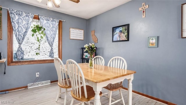 dining space with baseboards, visible vents, plenty of natural light, and light wood finished floors