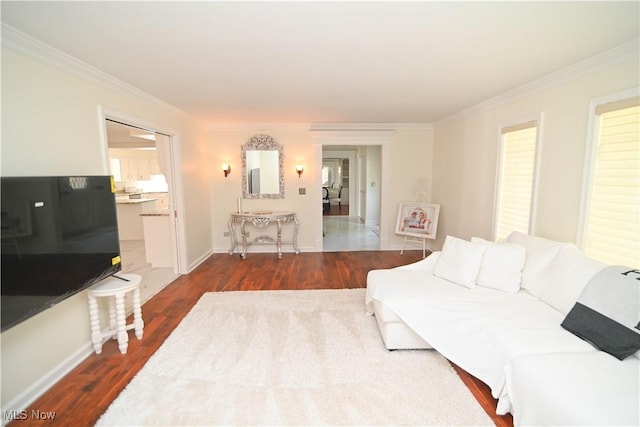 living area featuring baseboards, ornamental molding, and dark wood finished floors