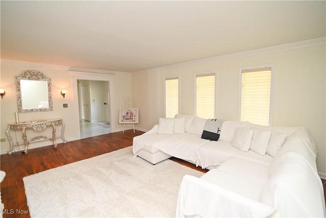 living room with dark wood-style floors and crown molding