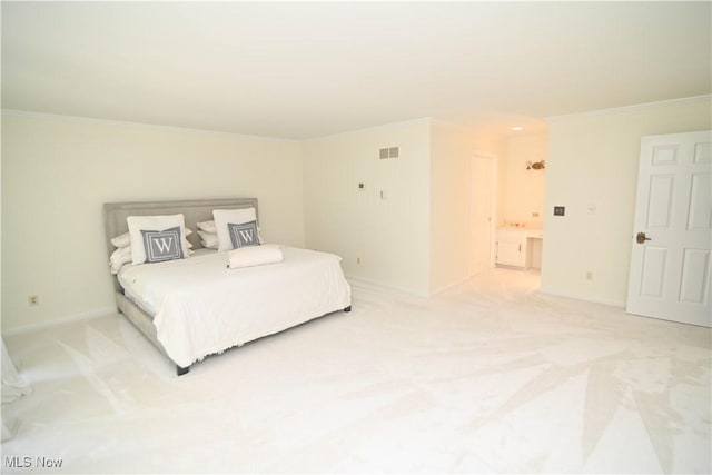 bedroom featuring ornamental molding, light colored carpet, visible vents, and baseboards