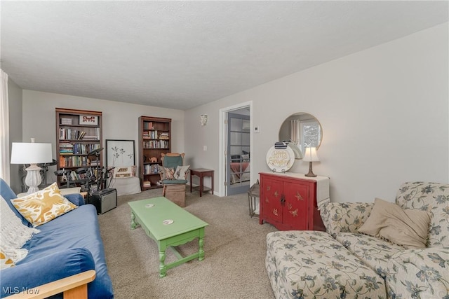 living room with carpet floors and a textured ceiling