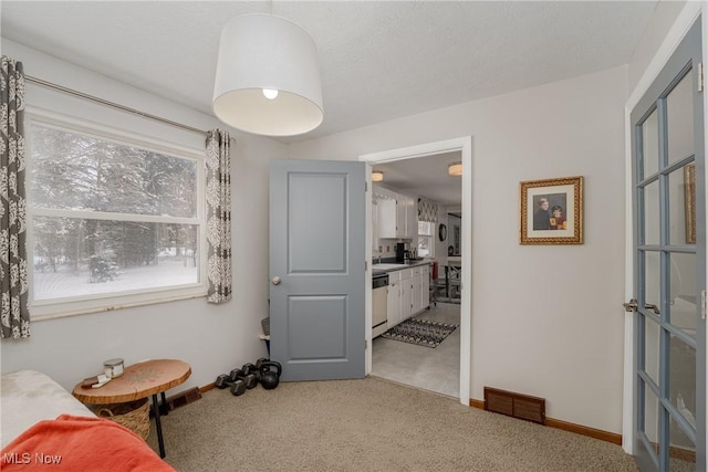 sitting room featuring carpet floors, baseboards, and visible vents