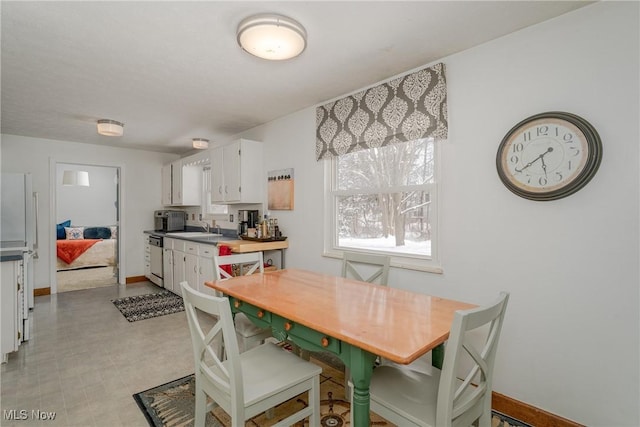 dining space with light floors and baseboards