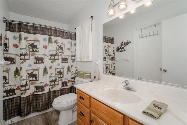 bathroom featuring wood finished floors, vanity, toilet, and a shower with curtain