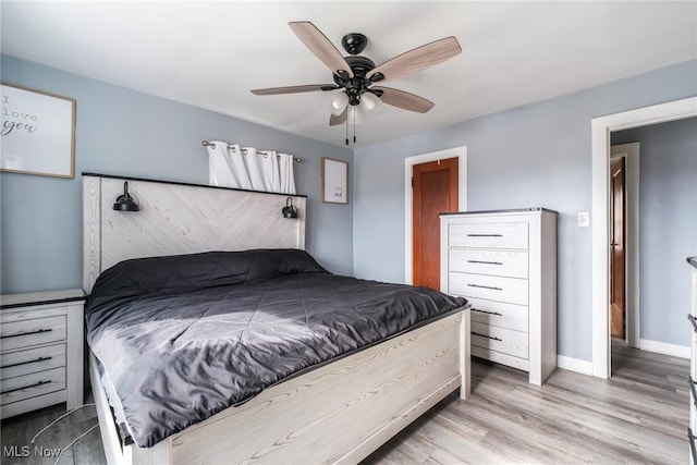 bedroom featuring light wood-type flooring, ceiling fan, and baseboards