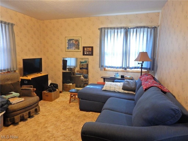 living area featuring wallpapered walls, a textured ceiling, and carpet flooring