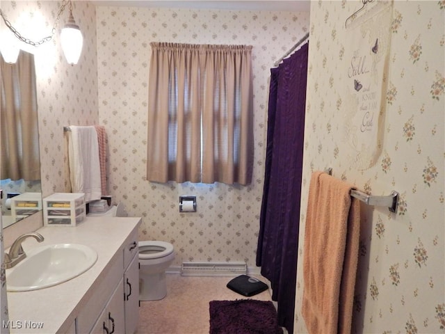 full bathroom with a baseboard radiator, a shower with shower curtain, toilet, vanity, and wallpapered walls