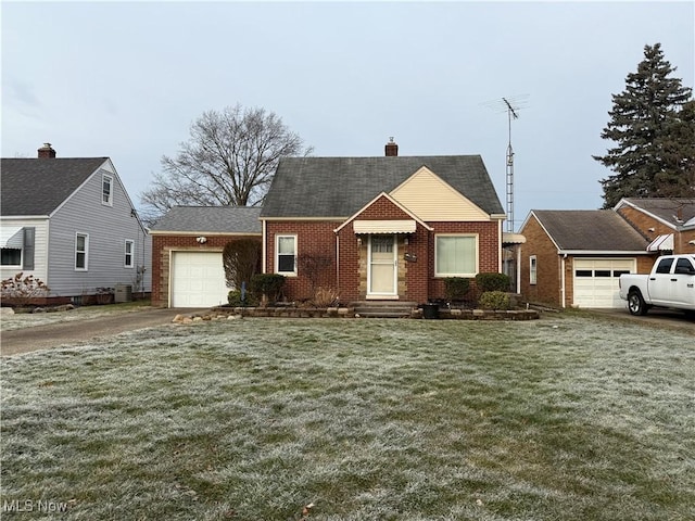 view of front facade featuring a garage, brick siding, a front lawn, and a chimney