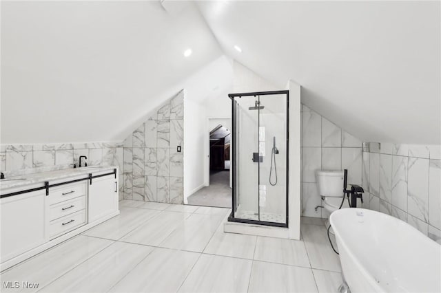 full bathroom featuring lofted ceiling, toilet, vanity, tile walls, and a shower stall