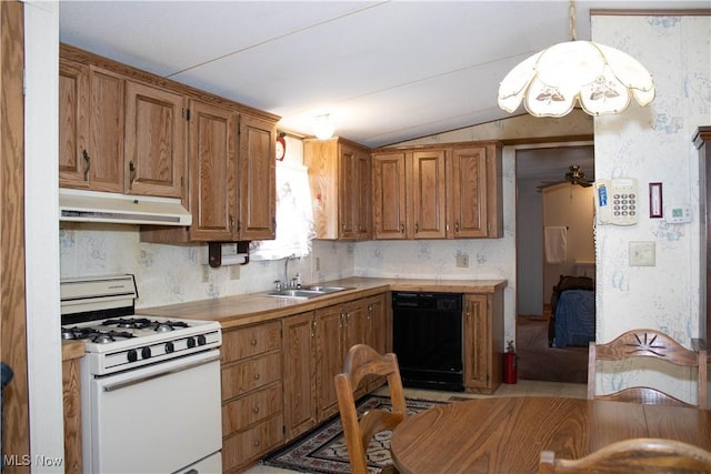 kitchen with white range with gas cooktop, dishwasher, light countertops, under cabinet range hood, and a sink