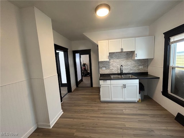 kitchen featuring dark wood-style flooring, dark countertops, wainscoting, white cabinets, and a sink