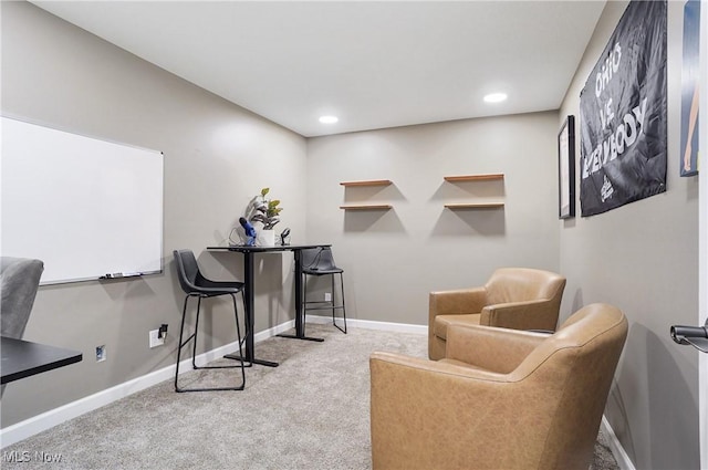 sitting room with carpet floors, recessed lighting, and baseboards