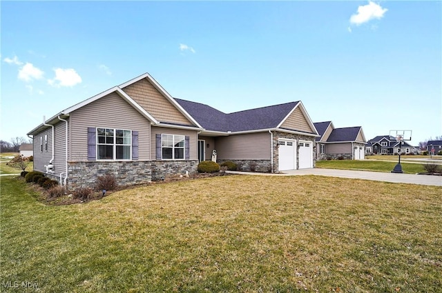 view of front of home featuring a garage, stone siding, concrete driveway, and a front yard