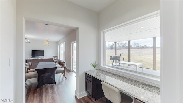 interior space featuring plenty of natural light, baseboards, and dark wood-type flooring