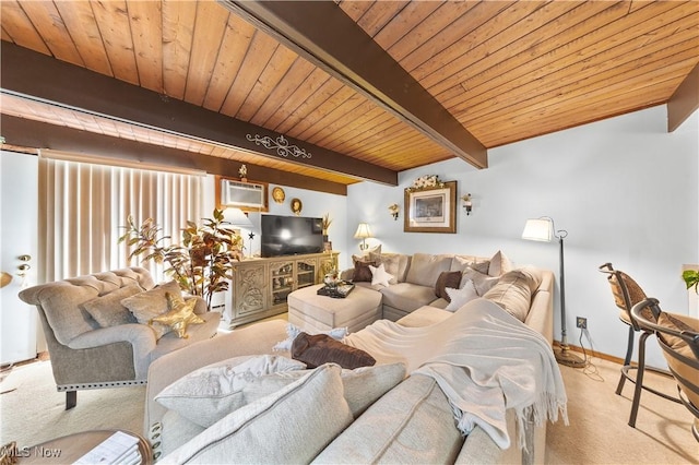 living area featuring wooden ceiling, light colored carpet, baseboards, beamed ceiling, and a wall mounted air conditioner