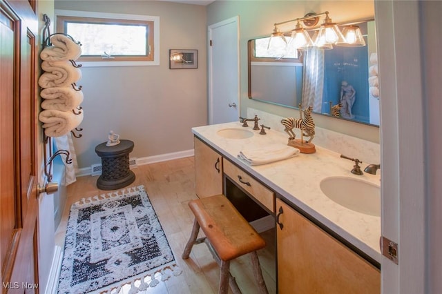 bathroom featuring a sink, baseboards, and double vanity