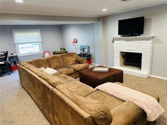 living area featuring a brick fireplace, light carpet, crown molding, and baseboards