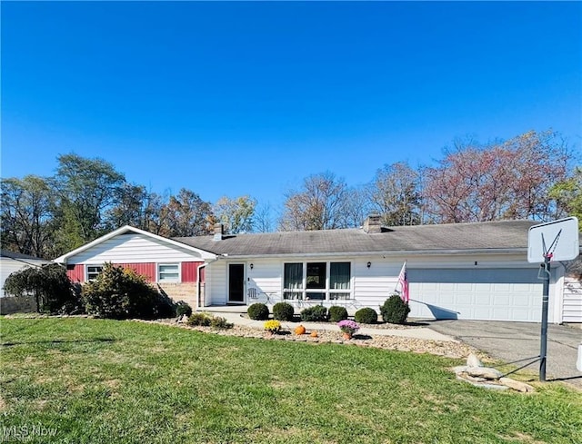 single story home featuring a garage, driveway, a chimney, and a front yard