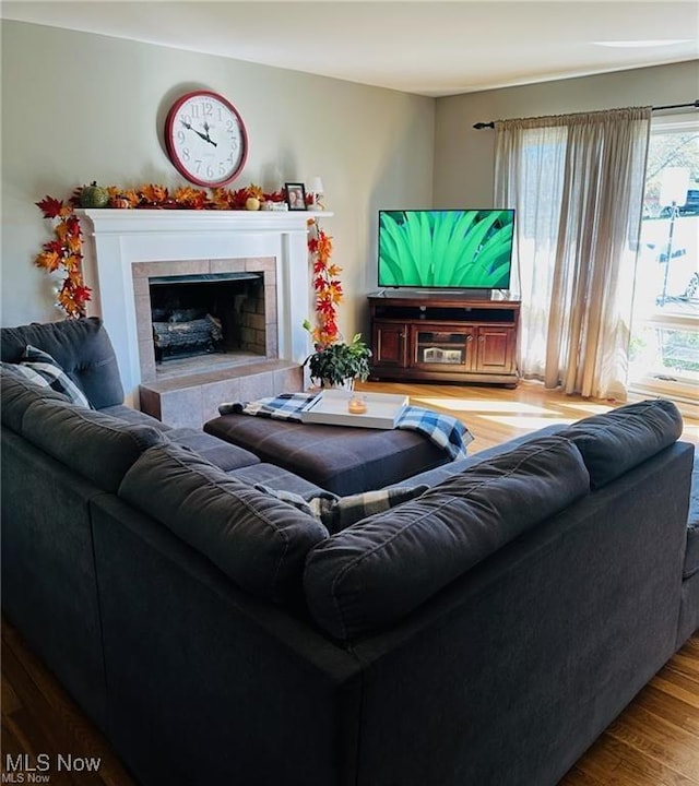 living room with wood finished floors and a tile fireplace