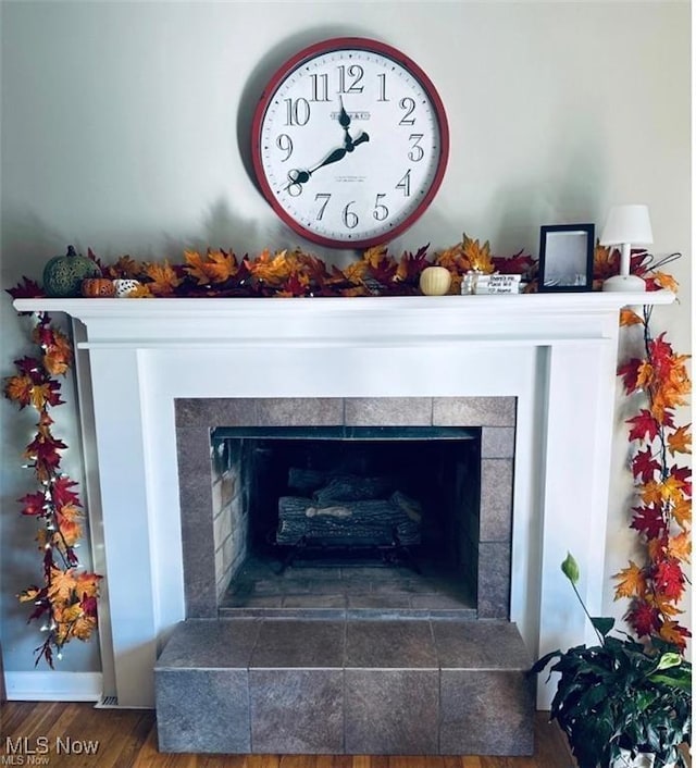 room details with a tiled fireplace and wood finished floors