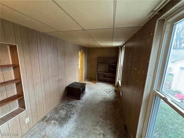 hallway with carpet flooring, a paneled ceiling, and wooden walls