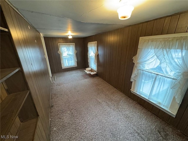 carpeted empty room with wooden walls