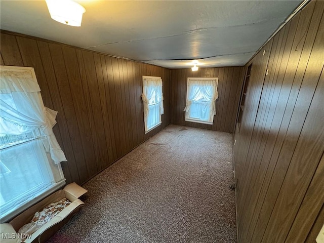 carpeted spare room featuring wooden walls