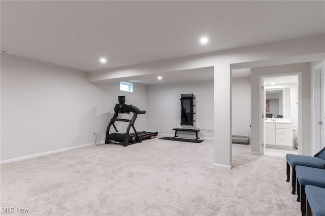 workout room with recessed lighting, carpet, and baseboards